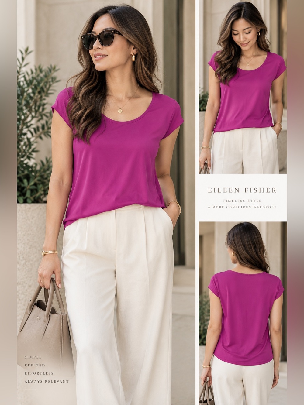 Eileen Fisher 100% Silk Fuchsia Scoop Neck Top XL